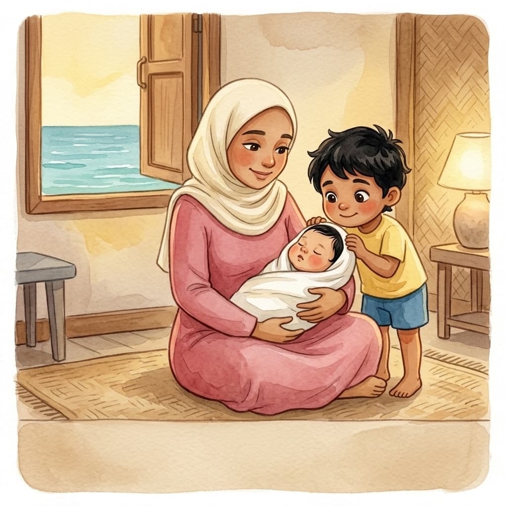 Ahmed, a Maldivian island boy in a yellow t-shirt, leans close to his mother as she cradles his newborn baby brother by an open window over the sea.