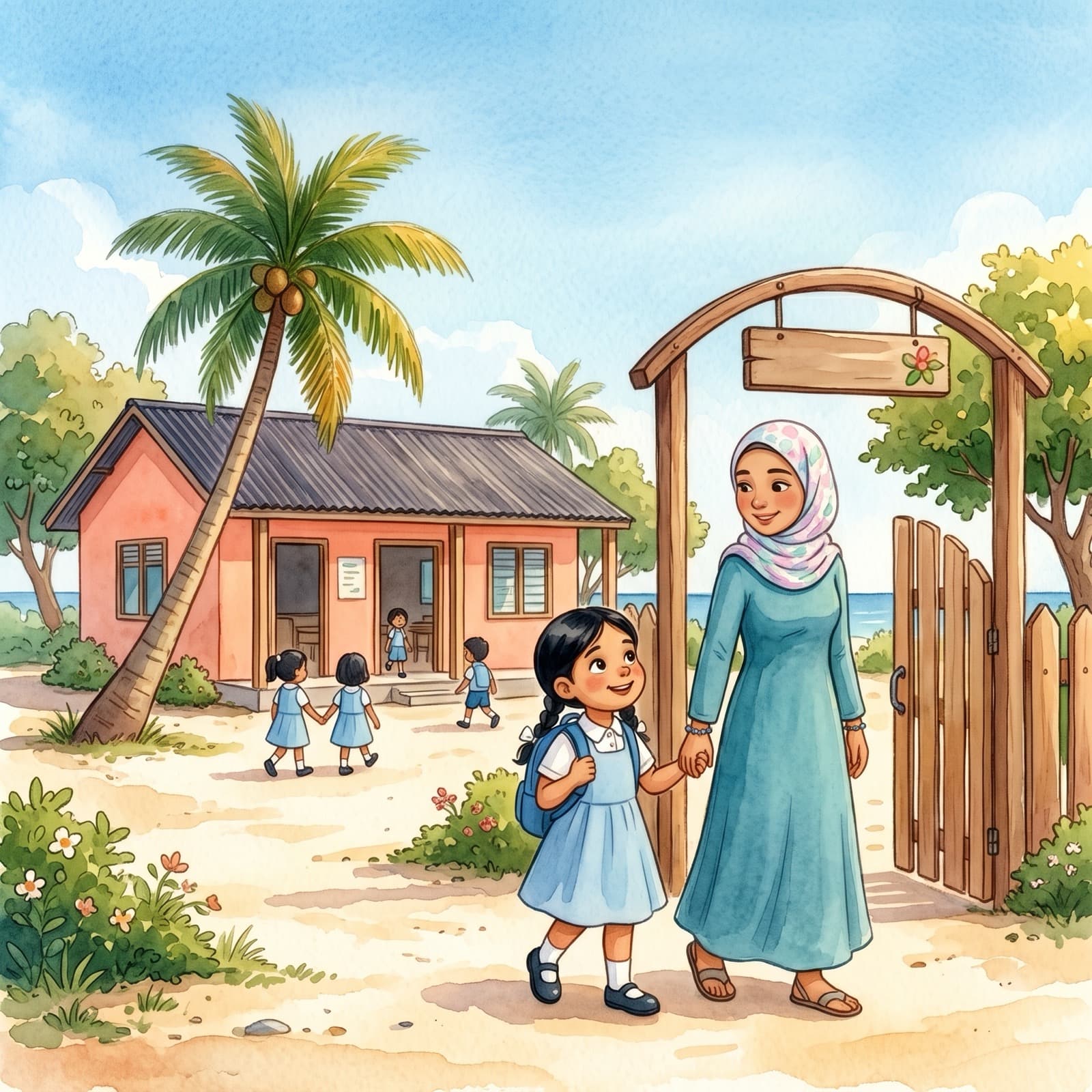 Aisha, a Maldivian island girl in school uniform, stands at the school gate holding her mother's hand on a bright morning.