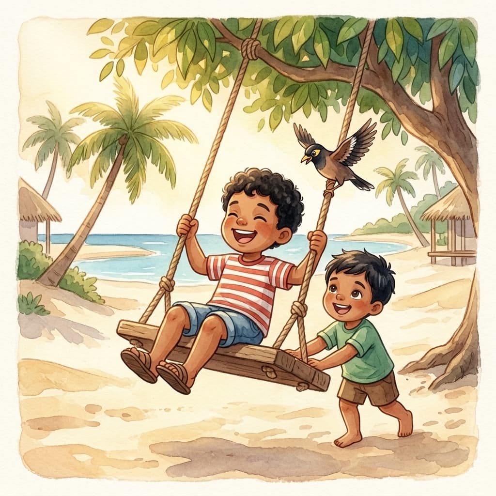 Ali and little Mausoom share a big wooden swing under a leafy tree on a sunny island playground, a cheeky myna bird perched on the rope.