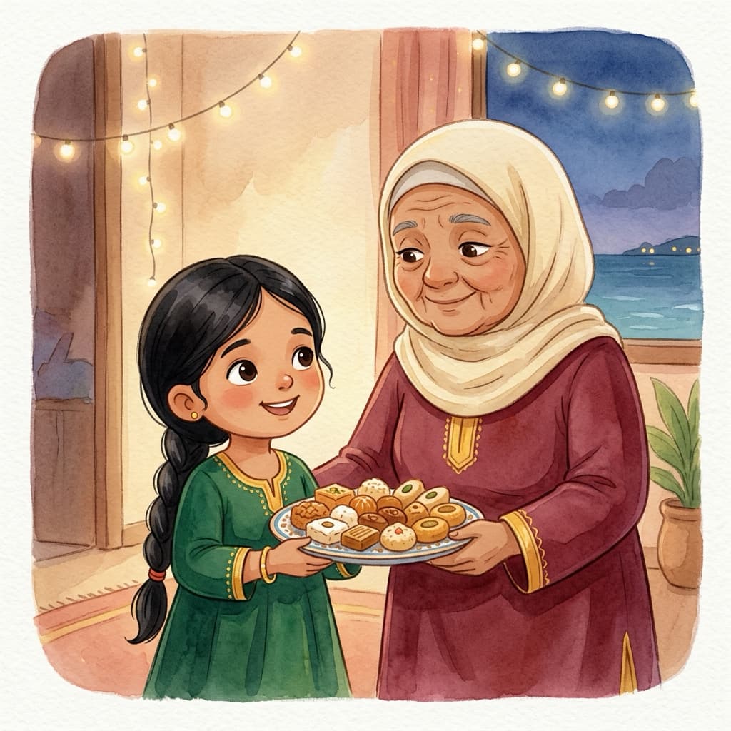 Fathimath, in her green-and-gold Eid dress, holds a plate of Eid sweets together with her grandmother Dhatha in a home glowing with festive lights.