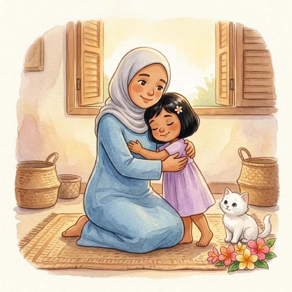 Mama kneels and wraps Hawwa in a warm, forgiving hug in their cosy island home, a fluffy white kitten beside them.
