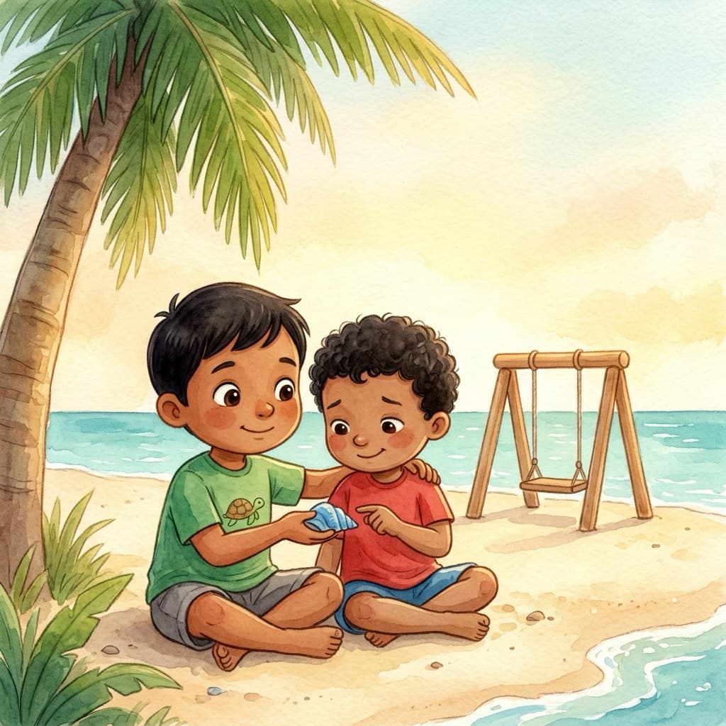 Idris sits close beside his friend Rayyan on warm island sand, holding out a pretty blue shell to him, with palms and a turquoise lagoon behind them.
