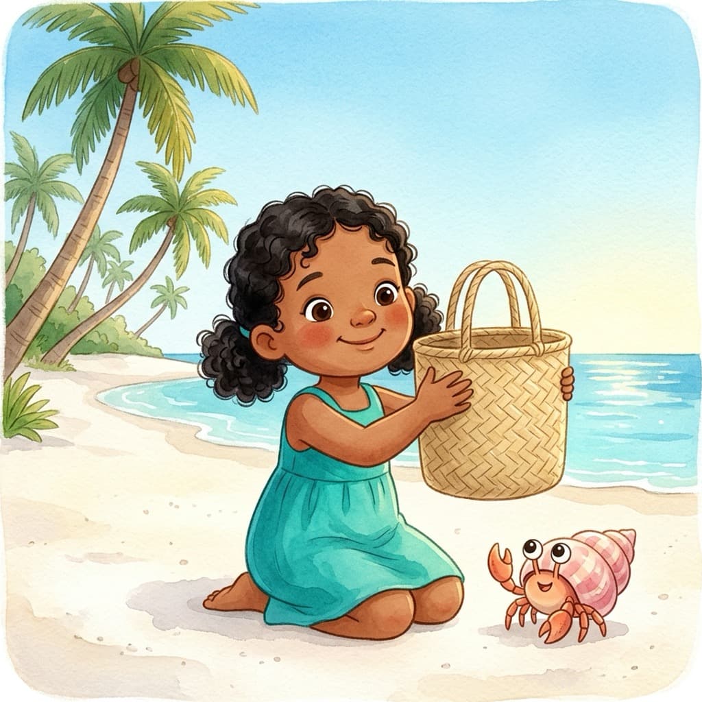 Layla kneels on the white sand in her teal sundress holding a woven basket, smiling down at Kakuni the little hermit crab in his pink-and-cream spiral shell, with palms and the turquoise sea behind her.