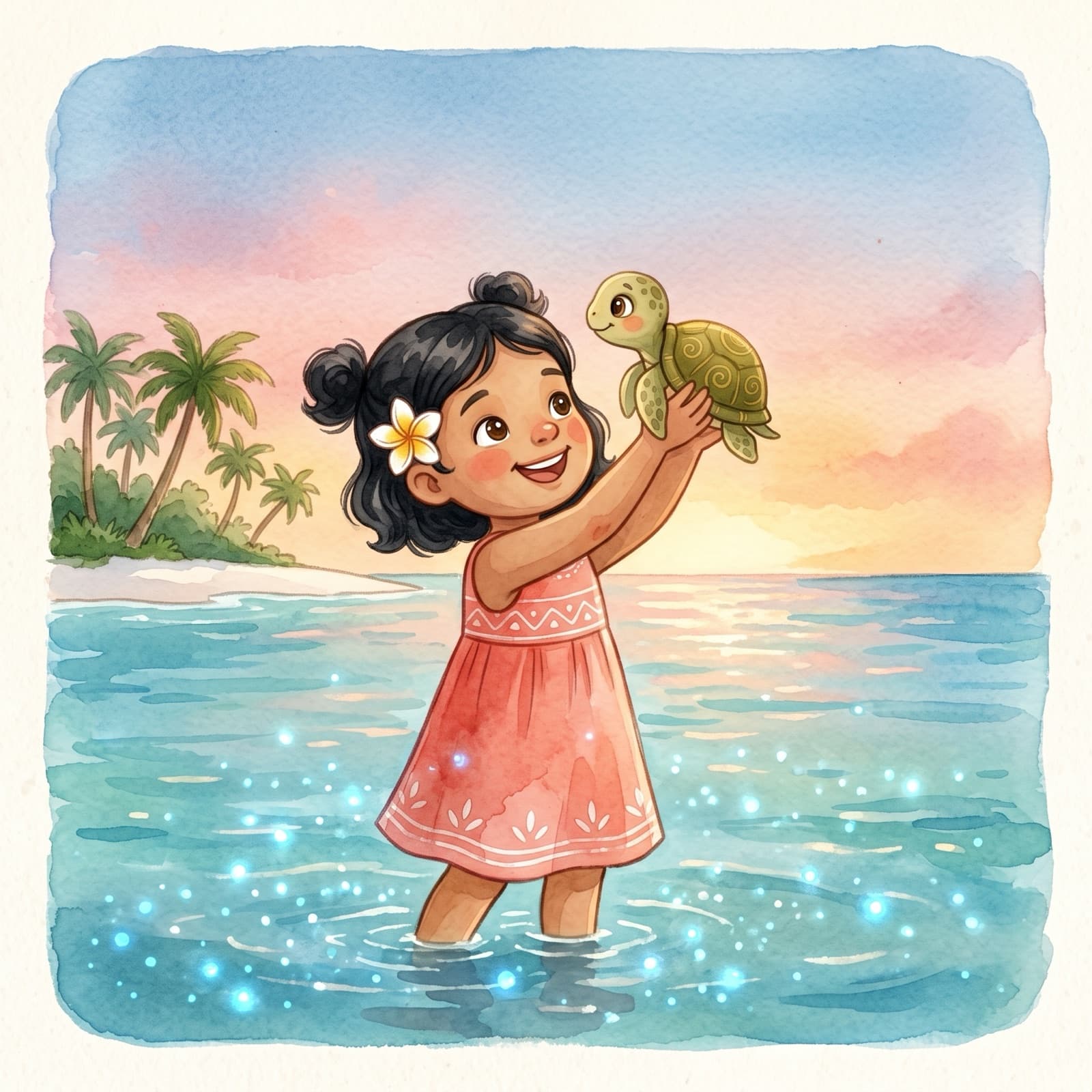 Mira, a Maldivian island girl, lifts a tiny baby sea turtle toward a twilight sky over a glowing turquoise lagoon.