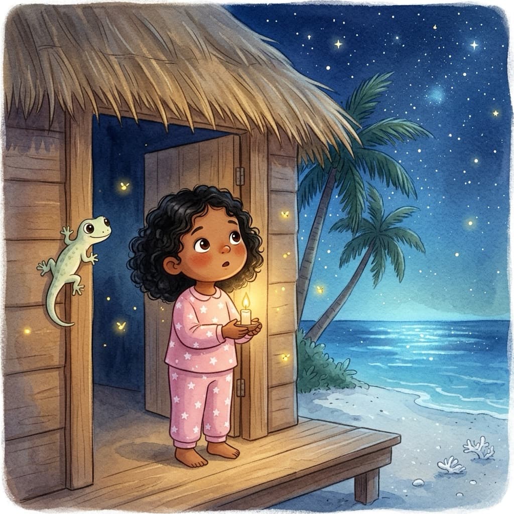 Noora stands in her doorway in star-patterned pyjamas holding a small candle, a pale green gecko on the wall beside her and fireflies drifting under a starry sky above the sea.