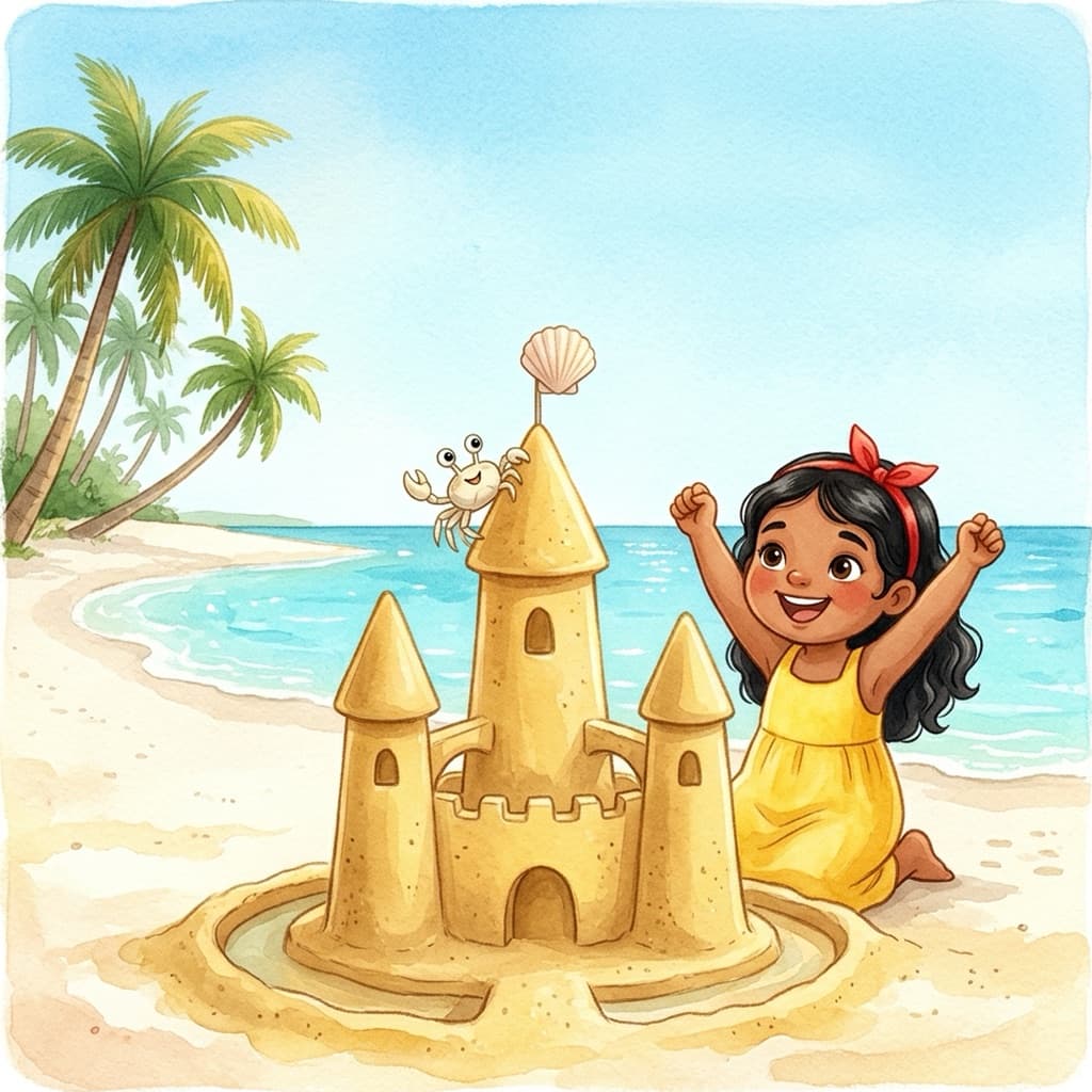 Sara kneels behind a tall sandcastle with three cone-topped towers and a scallop shell flag, both arms raised in triumph, while a little pale ghost crab waves from the highest tower.
